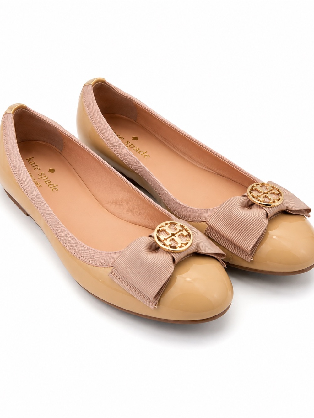 Kate Spade New York 9.5M Nude Patent Bow Ballet Flats Blush Pink Trim Gold Logo